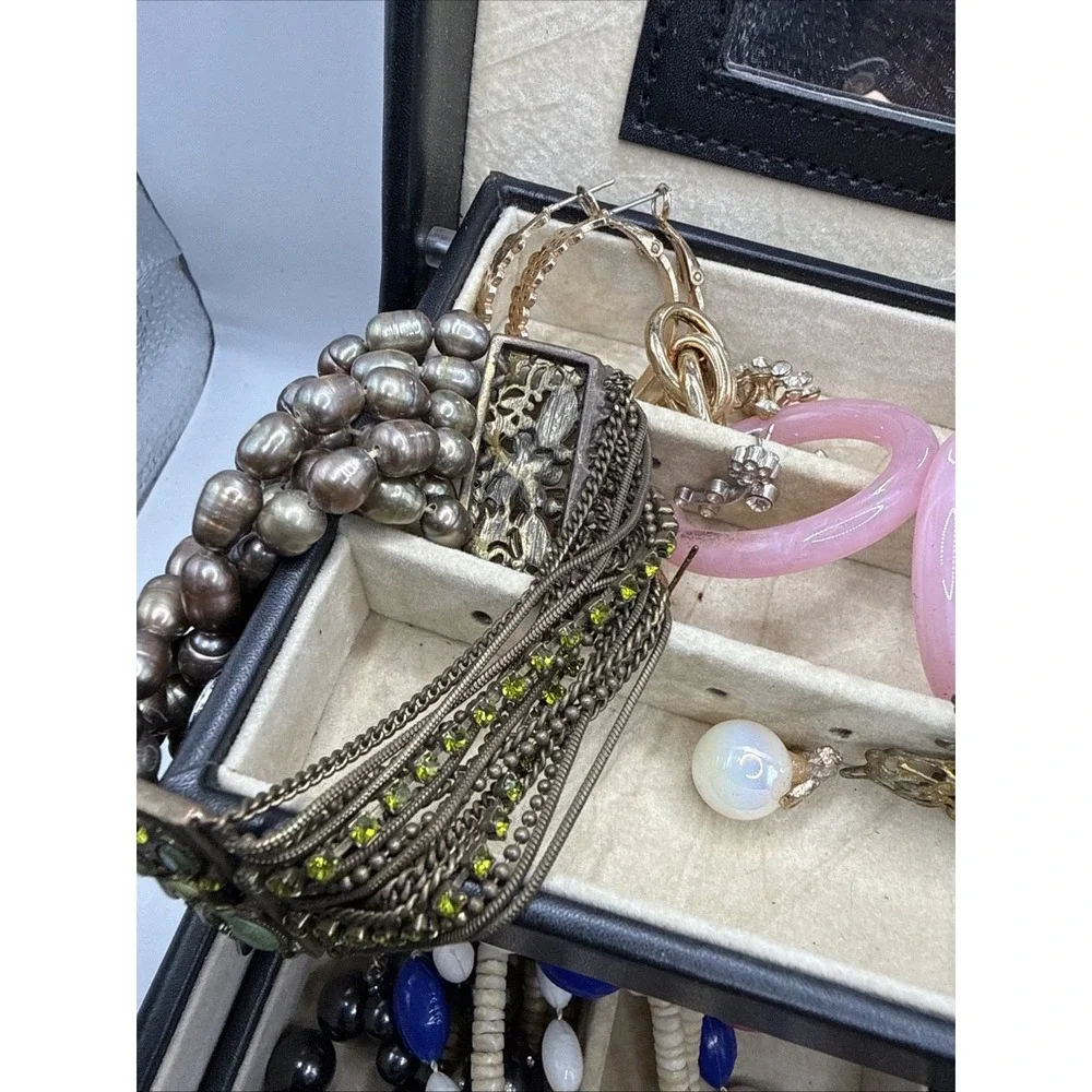 Vintage Jewelry Box Lot: Box, Necklaces, Bracelets, Rings, Earrings